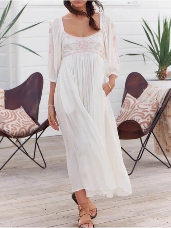 Free People Dresses & Skirts - Free People Wedgewood White Embroidered Babydoll Maxi Dress Size Medium Empire